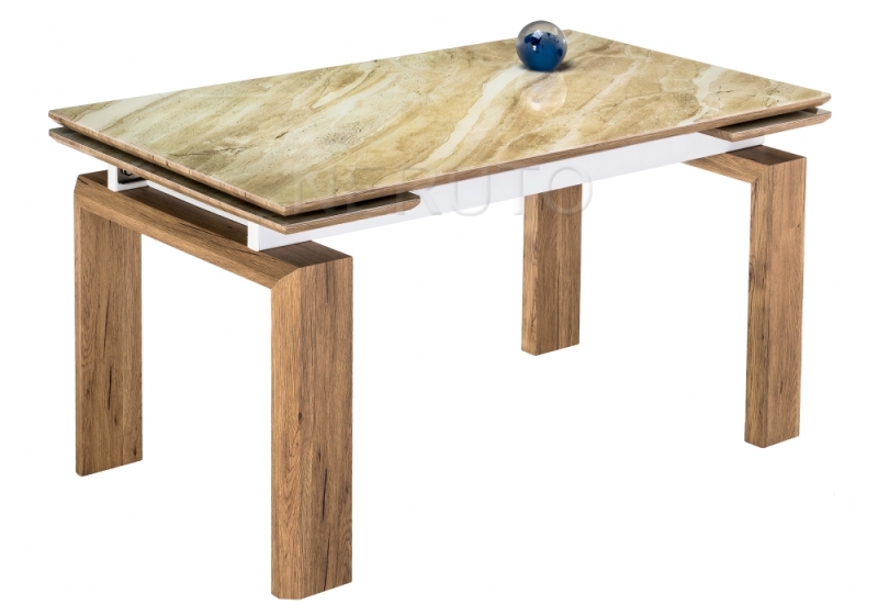 Стеклянный стол Даос бежевый мрамор / дуб монтана